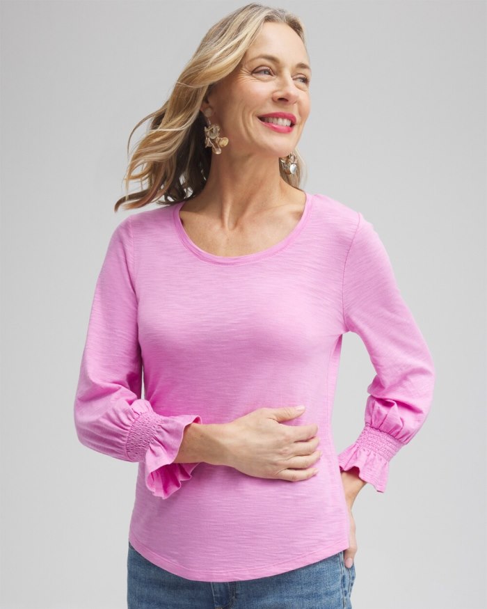 Women's Smocked 3/4 Sleeve Tee - Pink Dawn