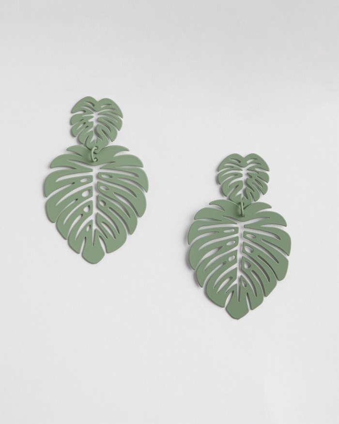 Women's No Droop Green Leaf Earrings - Green