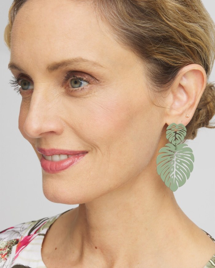 Women's No Droop Green Leaf Earrings - Green