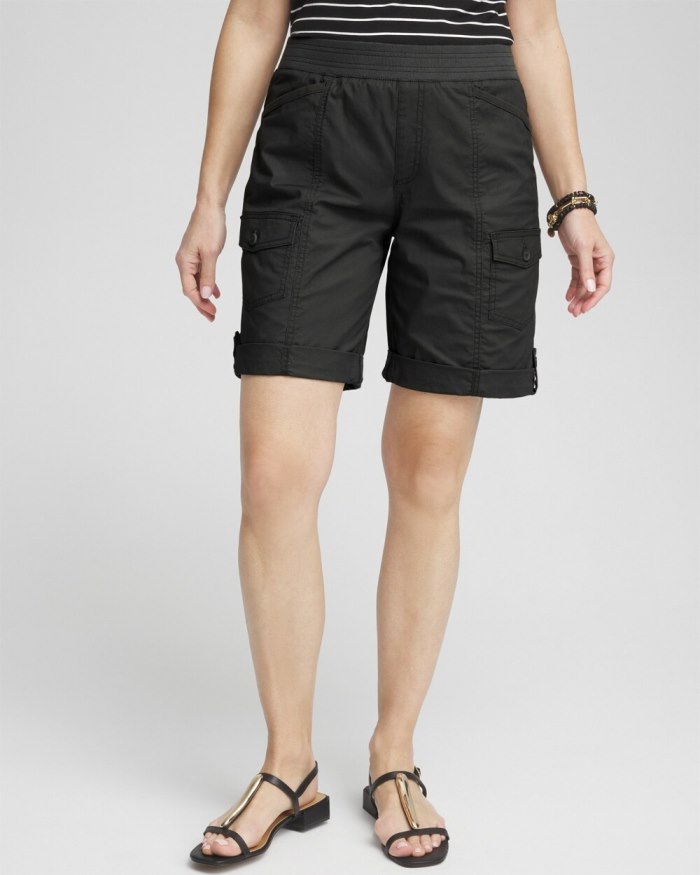 Women's Poplin Roll Tab Shorts - Ebony Black - Click Image to Close