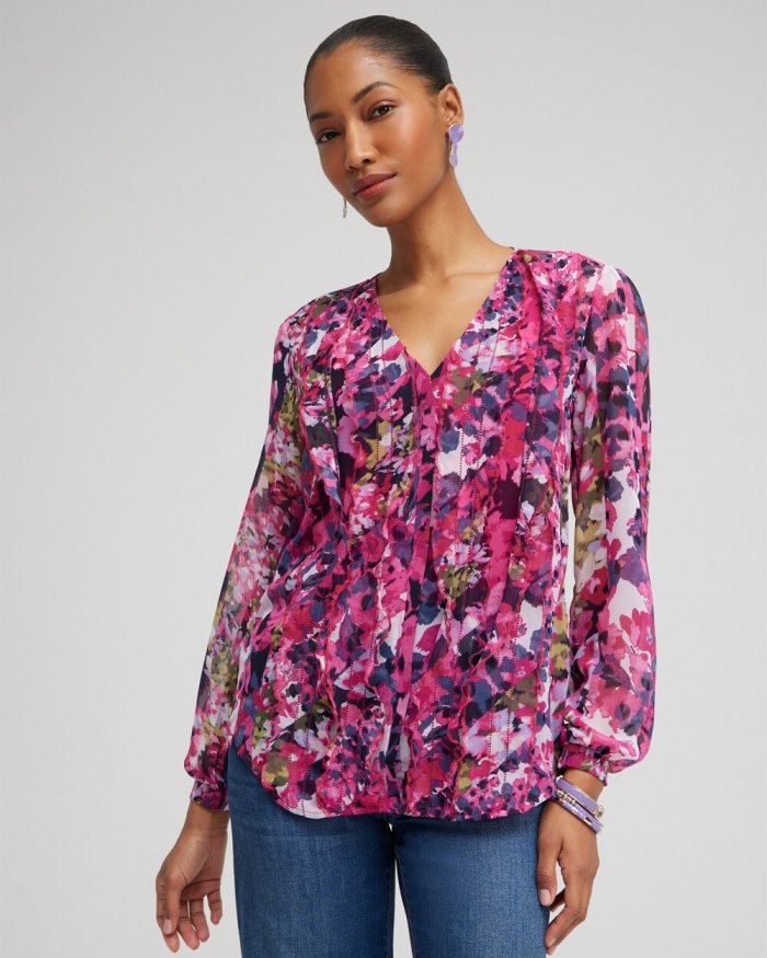 Women's Chiffon Floral Ruffle Blouse - Soft Slate - Click Image to Close