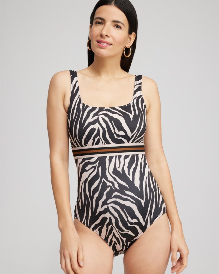 Women's Square Neck One Piece Swimsuit - Black/Brown - Click Image to Close