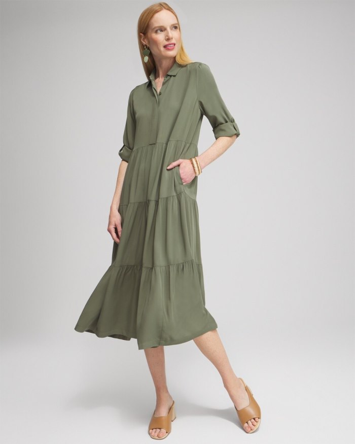 Women's Silk Blend Tiered Midi Dress - Olive