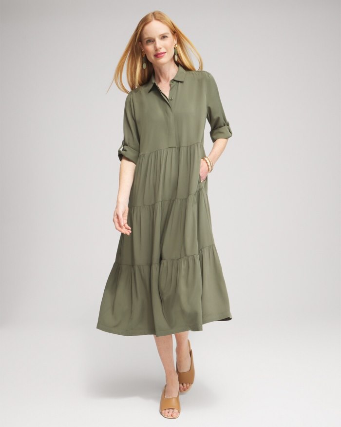 Women's Silk Blend Tiered Midi Dress - Olive