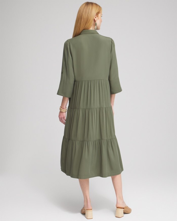 Women's Silk Blend Tiered Midi Dress - Olive