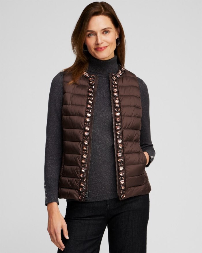 Women's Embellished Puffer Vest - French Roast - Click Image to Close