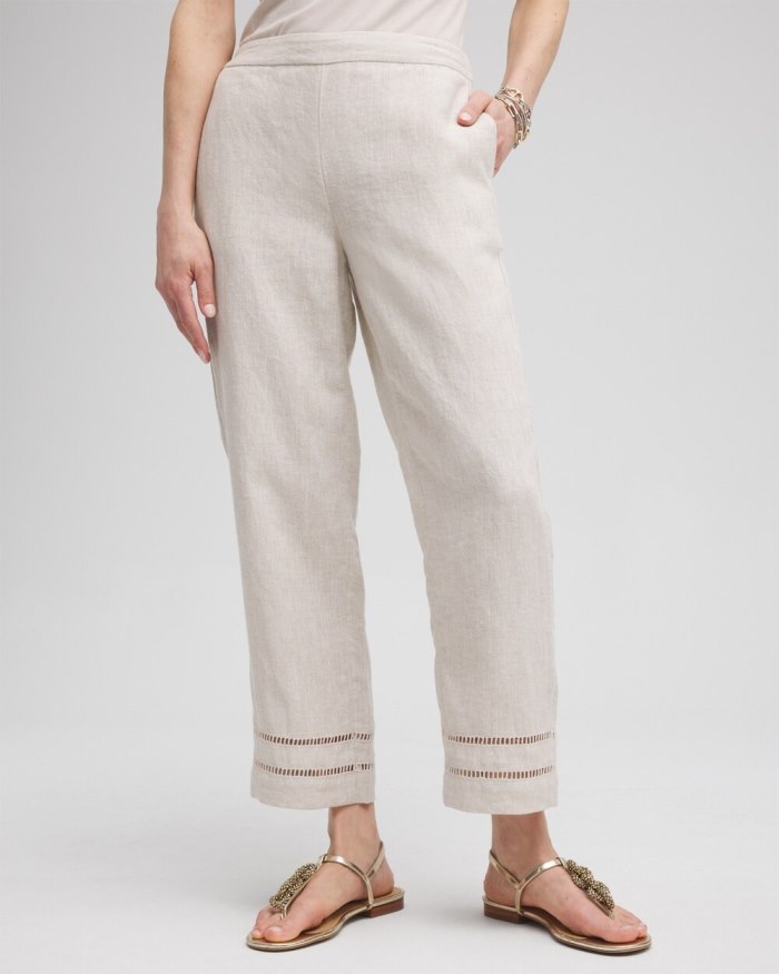 Women's Linen Ladder Trim Cropped Pants - Oatmeal - Click Image to Close