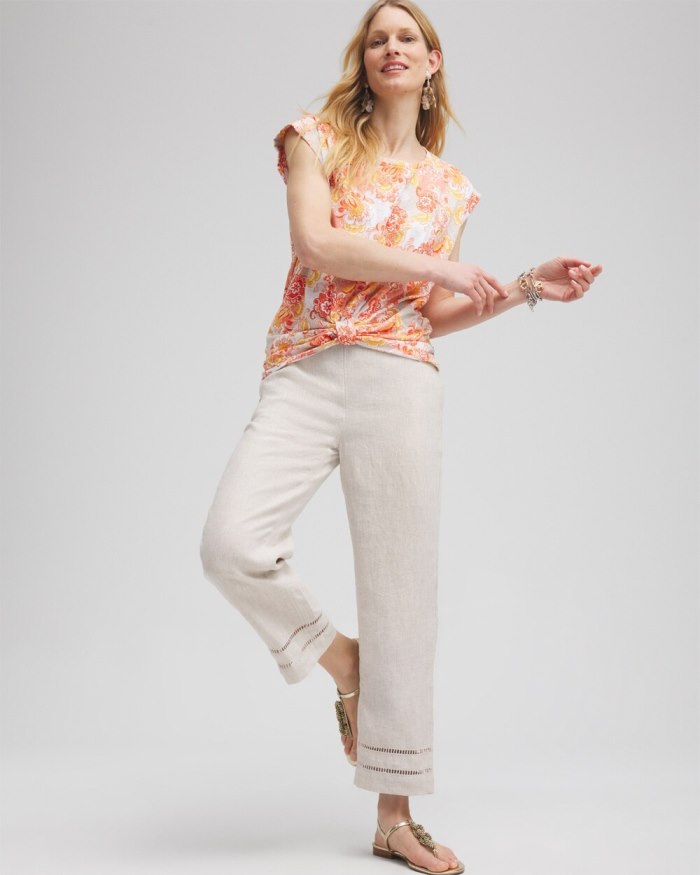 Women's Linen Ladder Trim Cropped Pants - Oatmeal