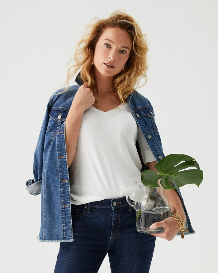 Women's Indigo Frayed Hem Denim Jacket - Palace Indigo - Click Image to Close