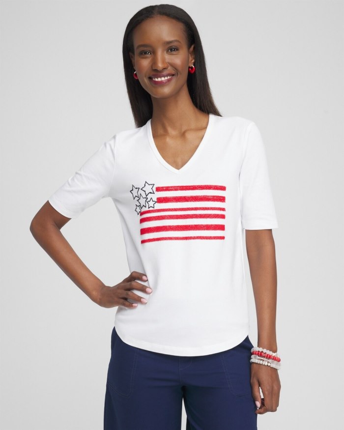 Women's Embellished Flag Tee - Alabaster - Click Image to Close