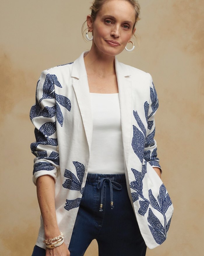 Women's Printed Linen Blend Stretch Blazer - Alabaster - Click Image to Close