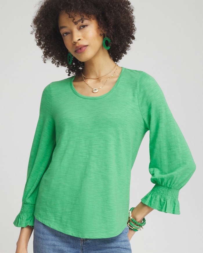 Women's Smocked 3/4 Sleeve Tee - GRASSY GREEN