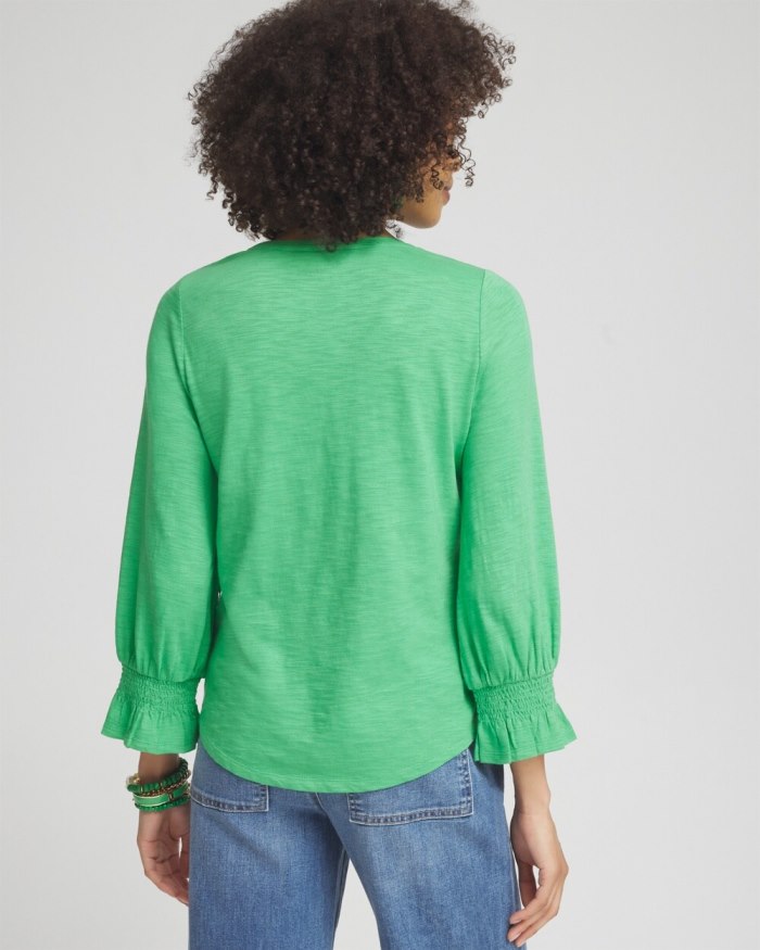 Women's Smocked 3/4 Sleeve Tee - GRASSY GREEN