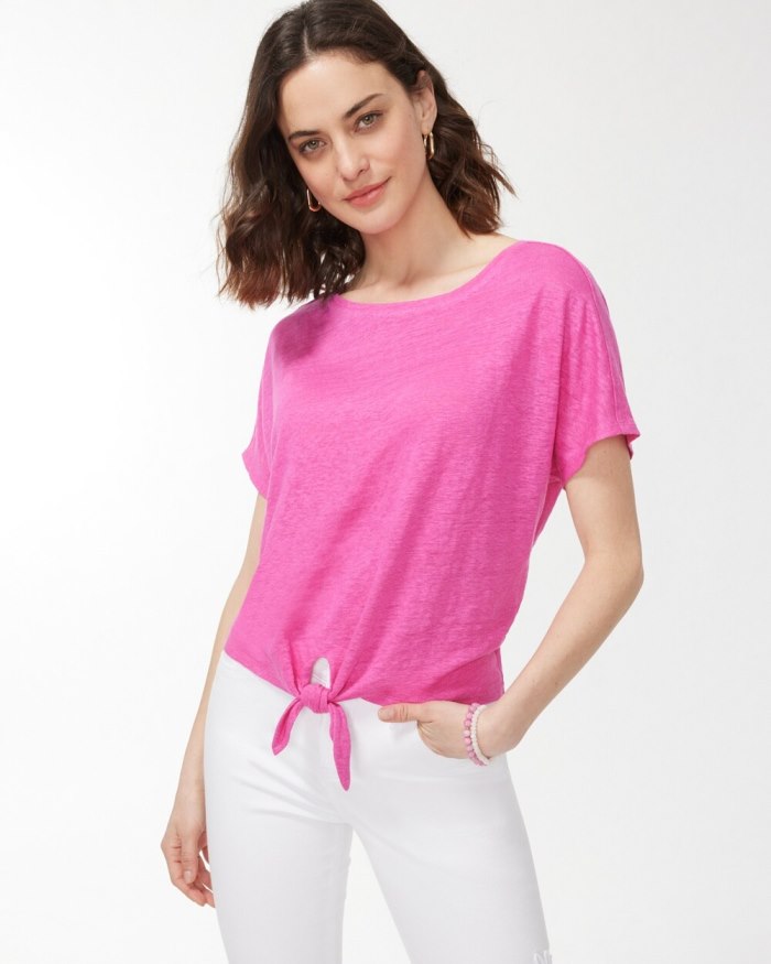 Women's Linen Tie Front Tee - Bahamian Pink - Click Image to Close