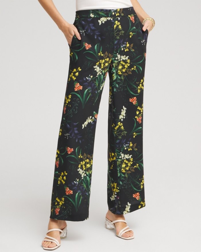 Women's Floral Wide Leg Soft Pants - Black And Green - Click Image to Close