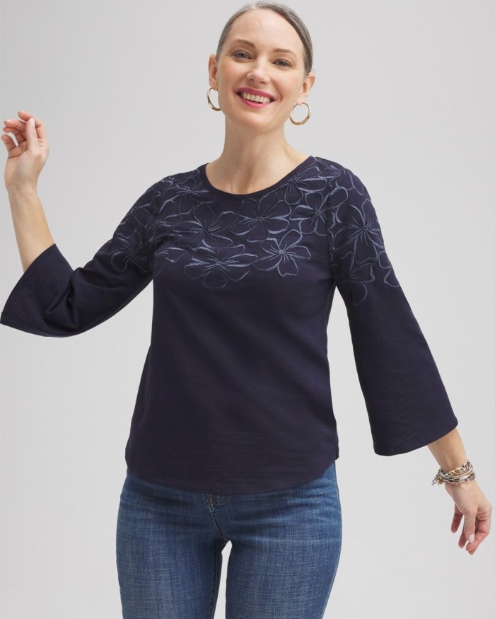 Women's Floral Embroidered 3/4 Sleeve Top - Classic Navy - Click Image to Close