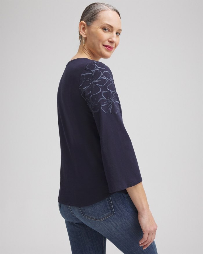 Women's Floral Embroidered 3/4 Sleeve Top - Classic Navy