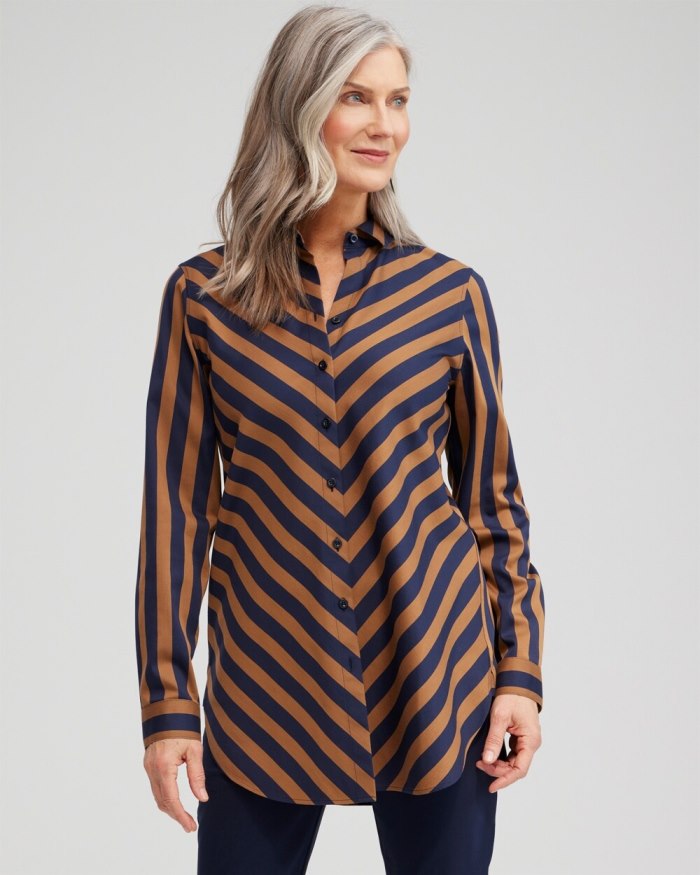 Women's No Iron Stretch Stripe Tunic - Classic Navy - Click Image to Close