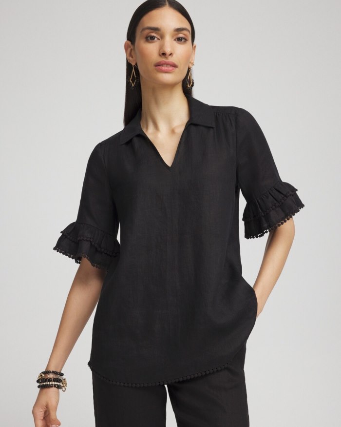 Women's Linen Ruffle Sleeve Blouse - Black