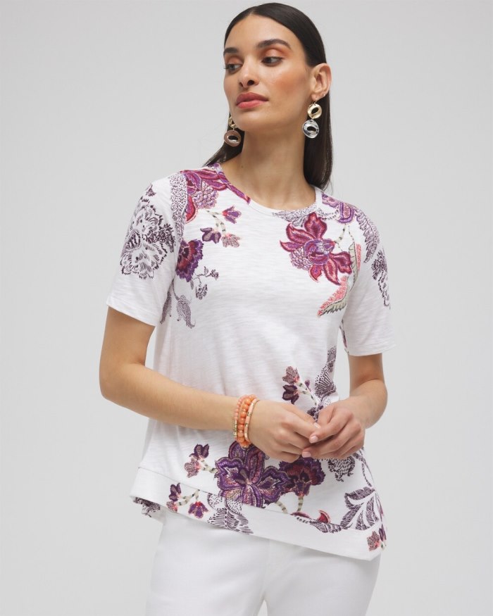 Women's Floral Asymmetrical Elbow Sleeve Tee - Alabaster