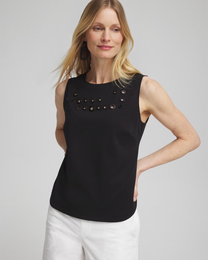 Women's Grommet Neck Detail Tank - Black - Click Image to Close