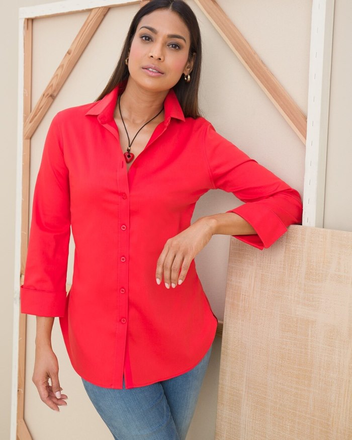 Women's No Iron 3/4 Sleeve Stretch Shirt - Red Zinnia - Click Image to Close