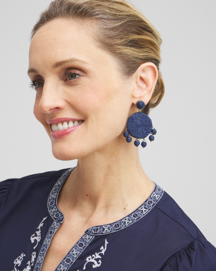 Women's No Droop Navy Raffia Drop Earrings - Dark Navy