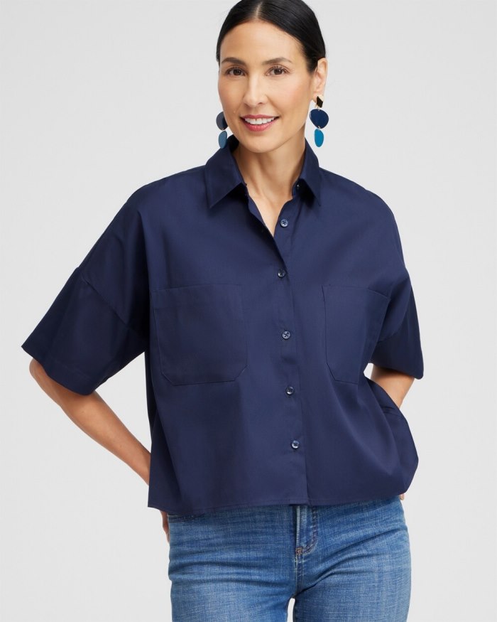 Women's Poplin Pocket Shirt - Classic Navy - Click Image to Close