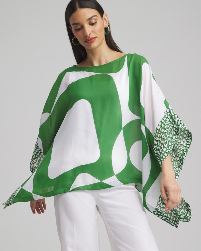 Women's Modern Print Poncho - Green - Click Image to Close