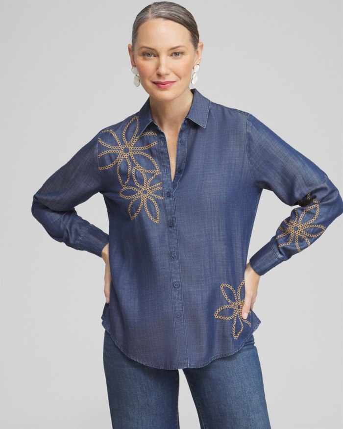 Women's Twill Denim Eyelet Shirt - Deep Rapids Wash - Click Image to Close