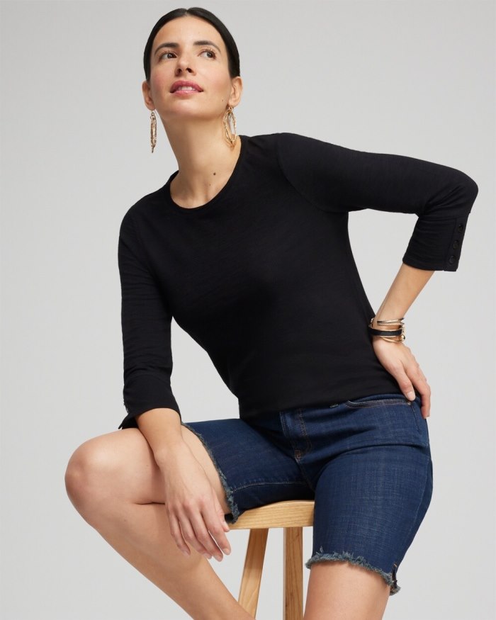 Women's 3/4 Sleeve Button Tee - Black