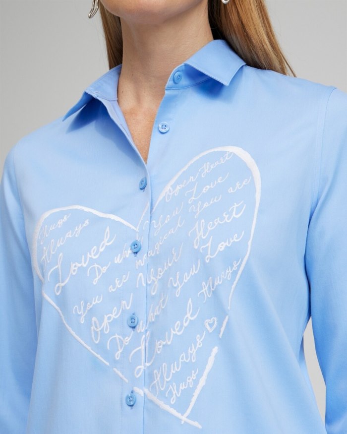 Women's No Iron Stretch Embroidered Heart Shirt - Blue Veil