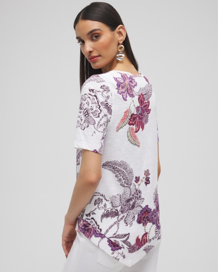 Women's Floral Asymmetrical Elbow Sleeve Tee - Alabaster