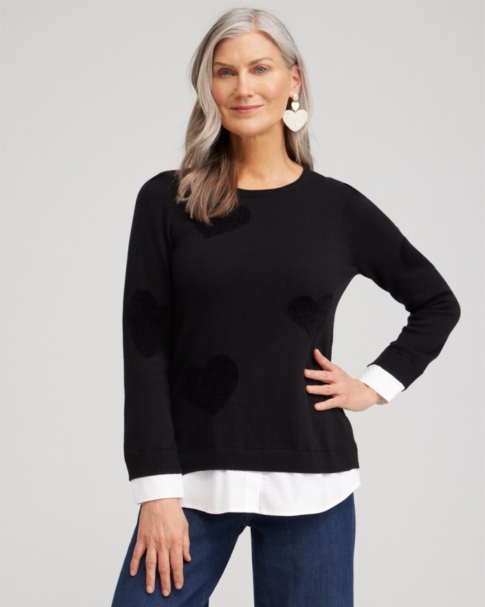 Women's Heart Print Built-in Shirt Sweater - Black