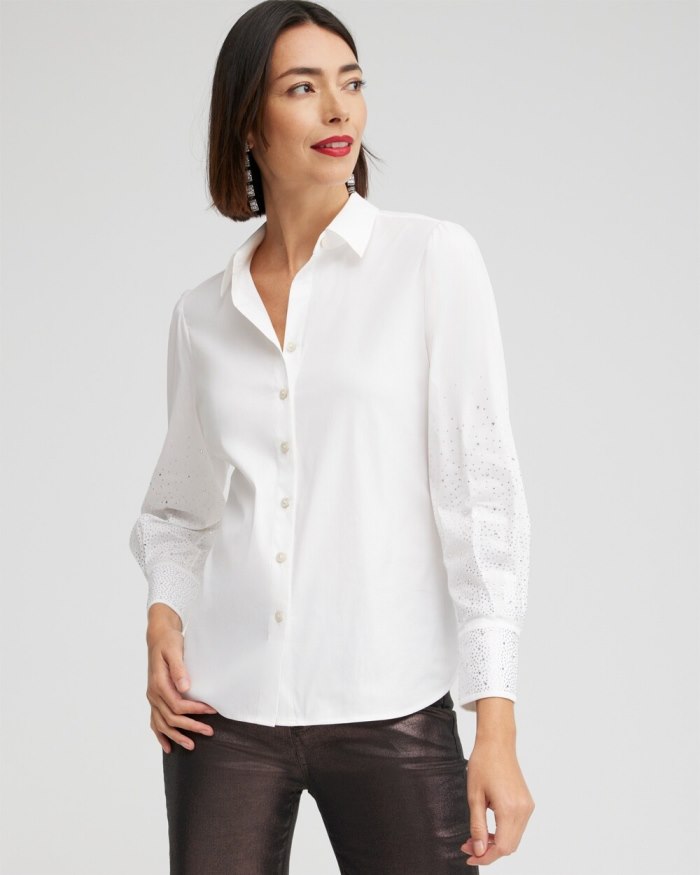 Women's Poplin Embellished Sleeve Shirt - Alabaster