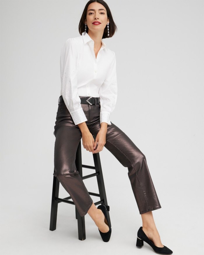 Women's Poplin Embellished Sleeve Shirt - Alabaster