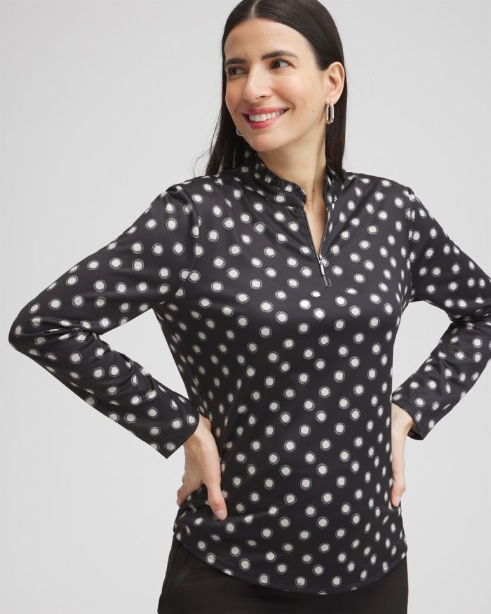 Women's Zenergy UPF Polka Dot Ruffle Neck Top - Black - Click Image to Close