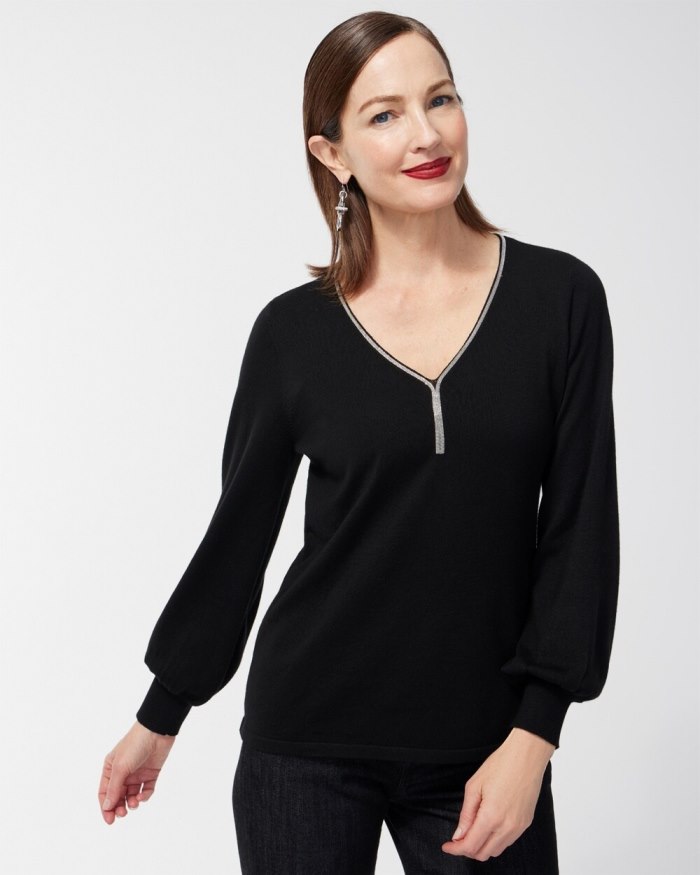 Women's Caviar Trim V-Neck Pullover Sweater - Cobalt Night