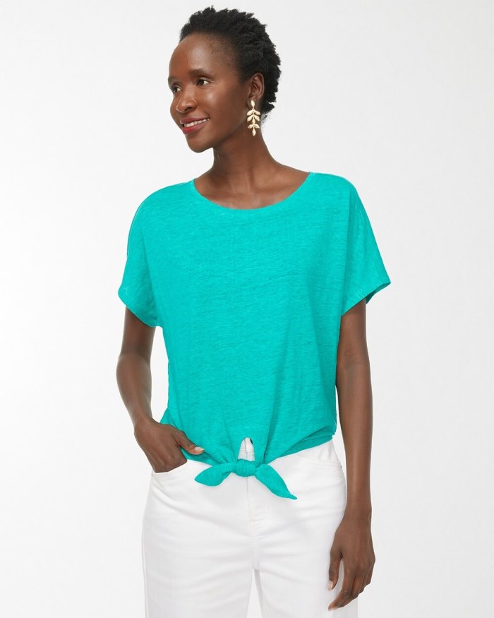 Women's Linen Tie Front Tee - Tropical Jade