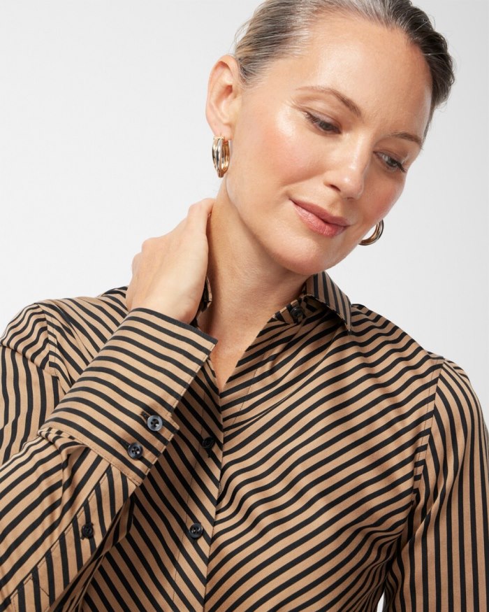 Women's No Iron Stretch Black Imperial Stripe Shirt - Black And Neutral