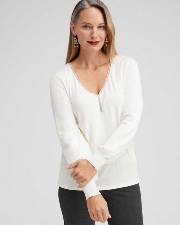 Women's Caviar Trim V-Neck Pullover Sweater - Ecru