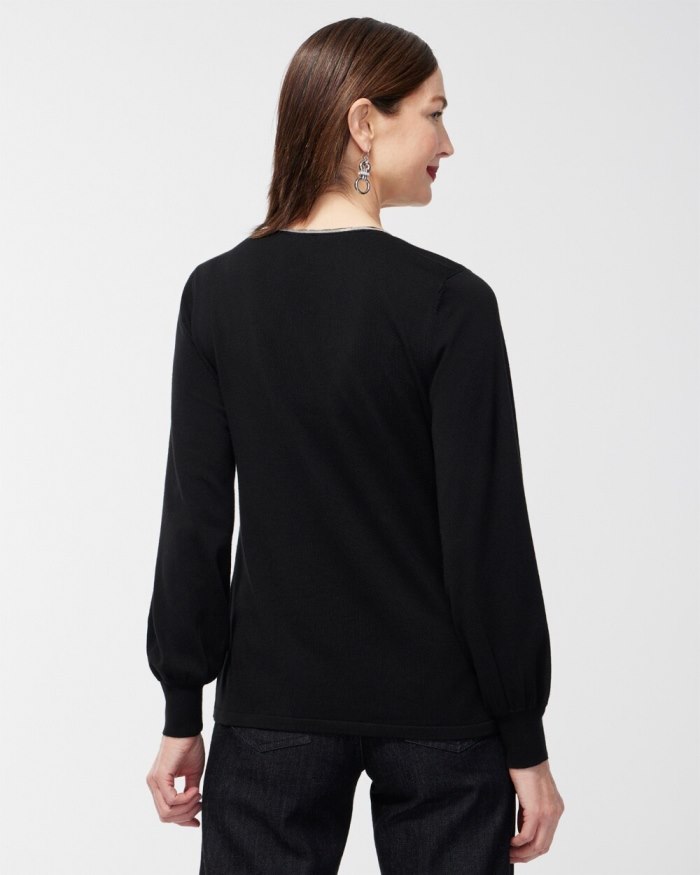 Women's Caviar Trim V-Neck Pullover Sweater - Ecru