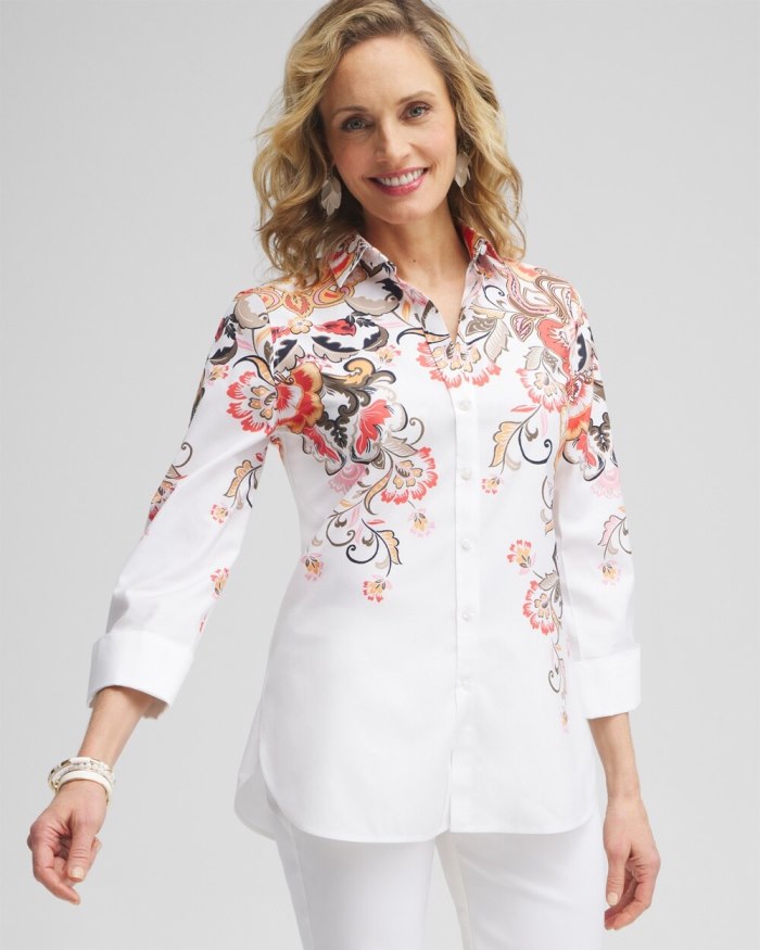 Women's No Iron Stretch Warm Floral Shirt - Nectarine - Click Image to Close