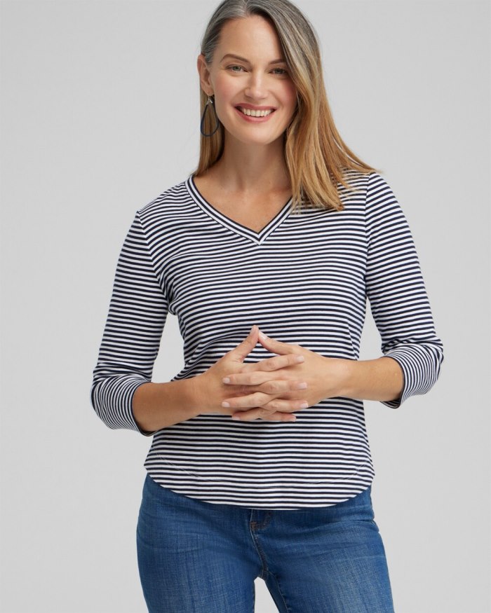 Women's Stripe V-neck 3/4 Sleeve Tee - Classic Navy - Click Image to Close