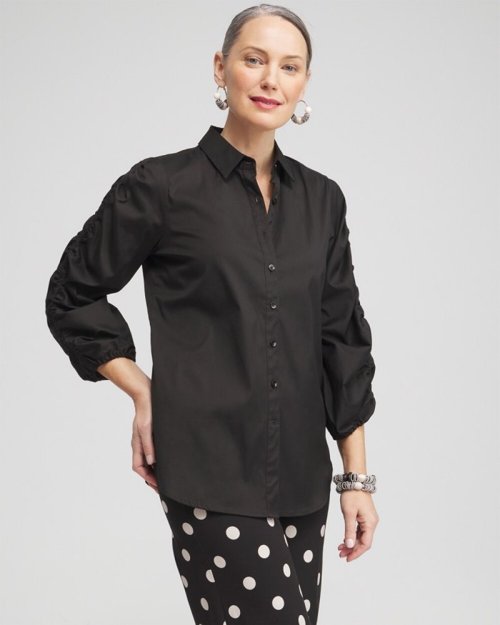 Women's Poplin Ruched Sleeve Shirt - Black - Click Image to Close