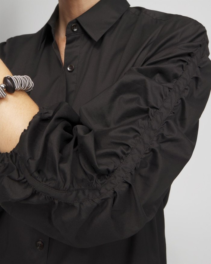 Women's Poplin Ruched Sleeve Shirt - Black