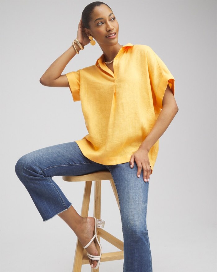 Women's Linen Popover Top - Mango Sorbet