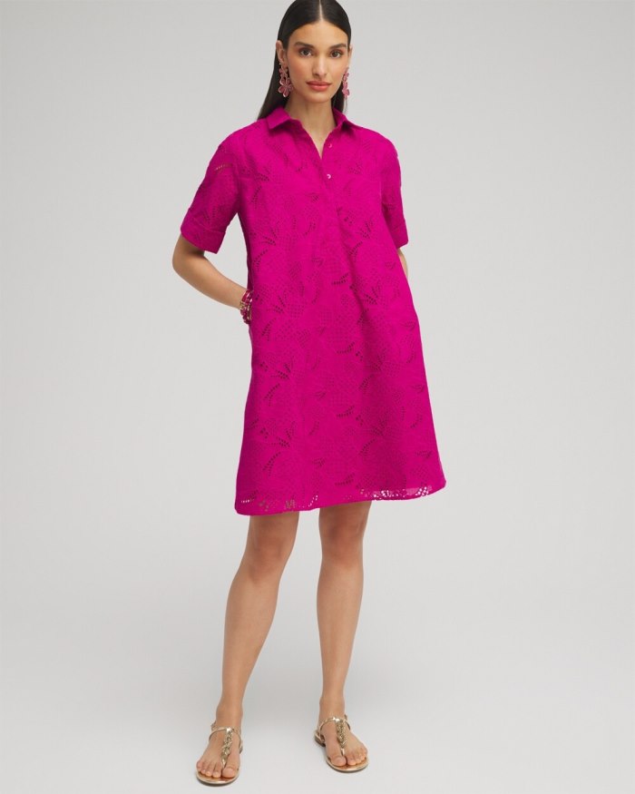 Women's Eyelet Shirt Dress - Magenta Rose - Click Image to Close