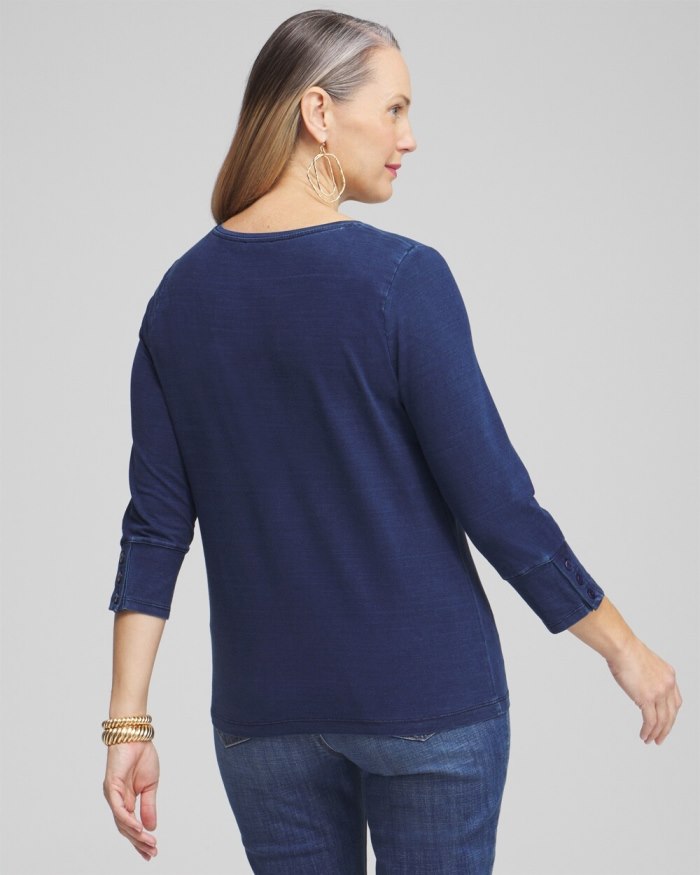 Women's Faux Denim 3/4 Sleeve Button Tee - Riviera Authentic