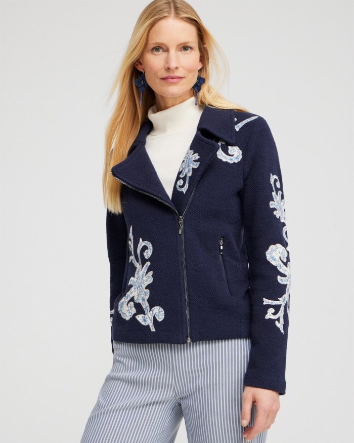 Women's Embroidered Moto Jacket - Classic Navy - Click Image to Close